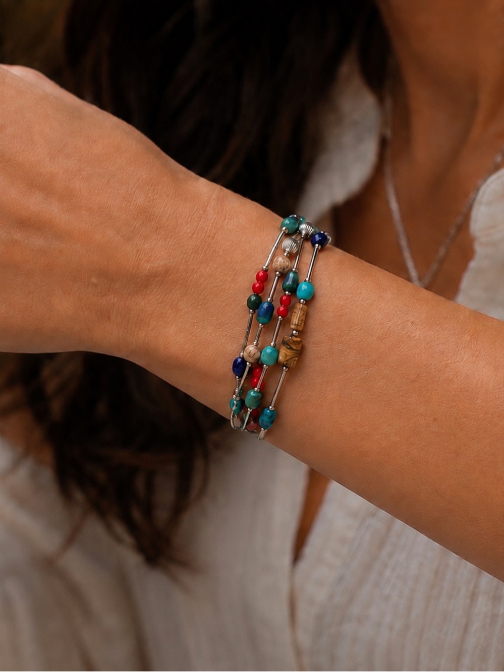 Silpada Liquid Sterling Lapis, Jasper, Coral, Turquoise & Seed Bead Bracelet